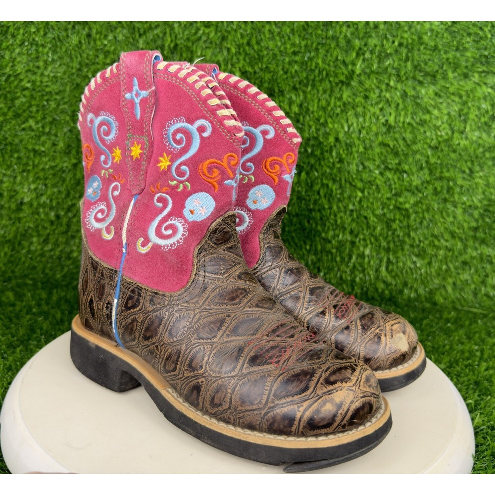 Ariat Pink Suede Brown Leather Skull Anteater Print Cowboy Boots Kids 12.5